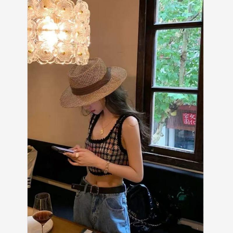 Straw hat women's spring and summer flat edge strap hat fashion salty grass weaving seaside beach vacation top hat tide