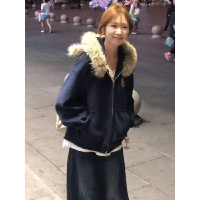 Women s Navy Blue Bear Ear Fur Hoodie - Autumn/Winter 2025 Fashionable Versatile Casual Style XL