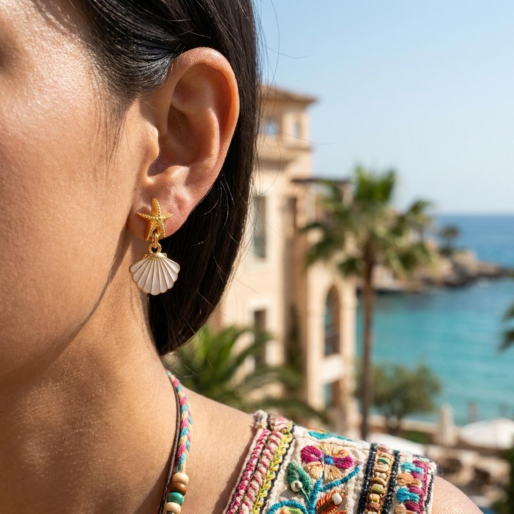 Vacation Style Gold Color Starfish Shell Stud Earrings For Women Seashell Pearl Enamel Asymmetric Ocean Earring Beach Zircon