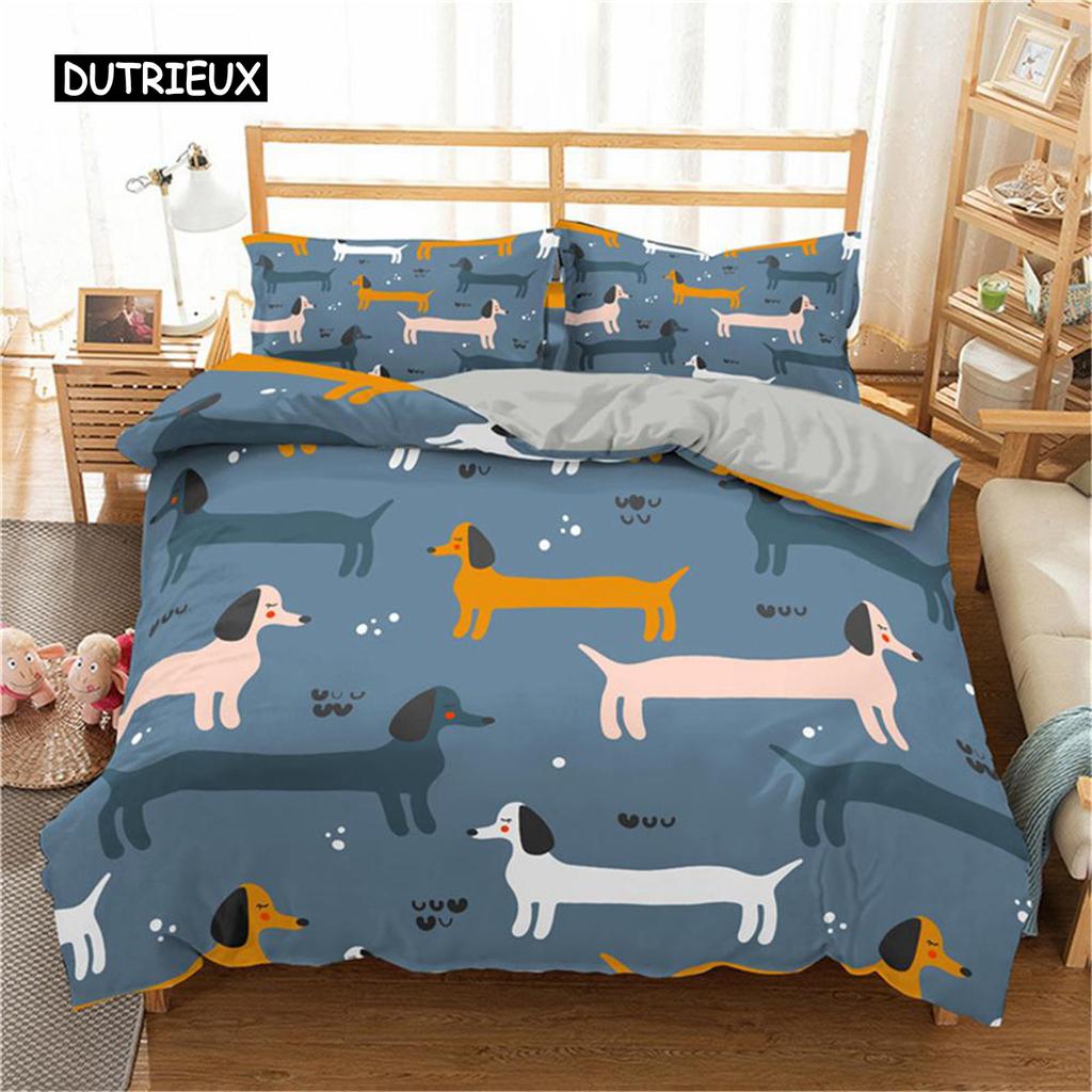 Cartoon Dachshund Bedding Set Cute Sausage Dog Duvet Cover Set Pet Puppy Printed Comforter Cover Animal Polyester Quilt Cover