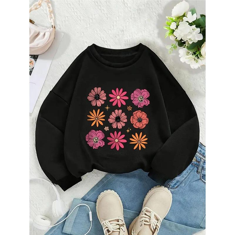 European Sizes Kids' Crewneck Sweatshirt - Colorful Flowers On White Background ,Sportswear And Casual Wear, Soft And Comfortable, Children's Clothing