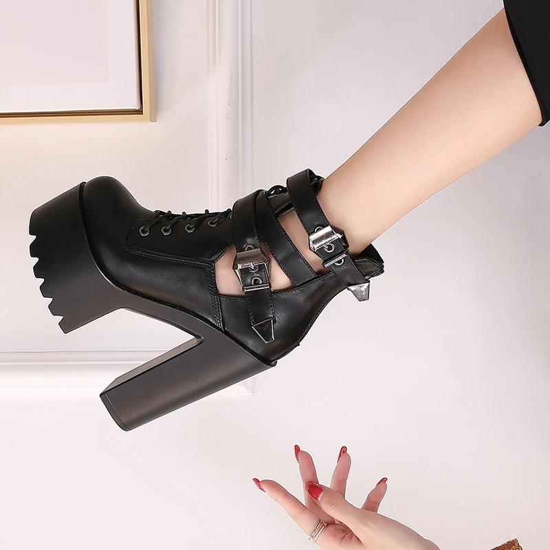 Ghete de damă cu talpă groasă, Ghete scurte Albe Super înalte cu Performanță Punk, Pantofi scurți cu toc înalt negri 14CM