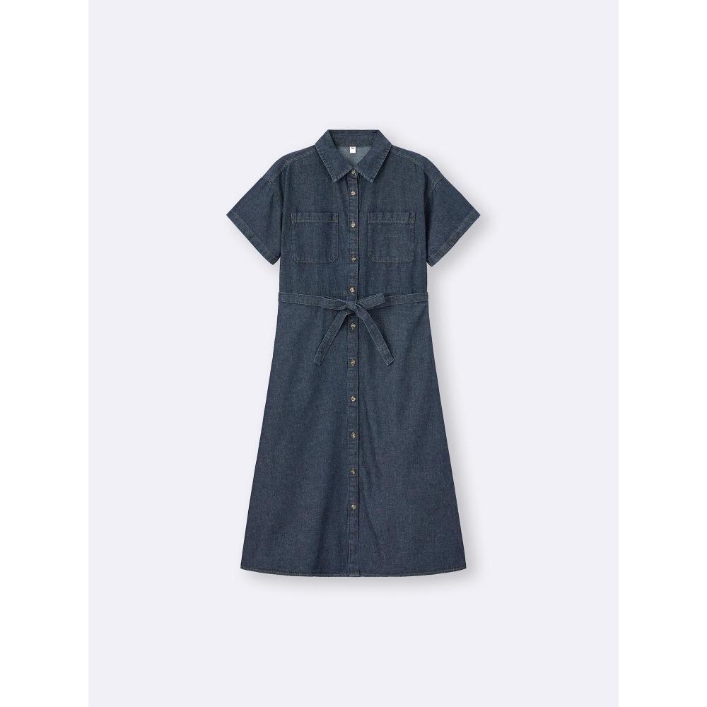 GU by Uniqlo Rochie Cămașă de Lucru Denim Light Mânecă Scurtă +ec