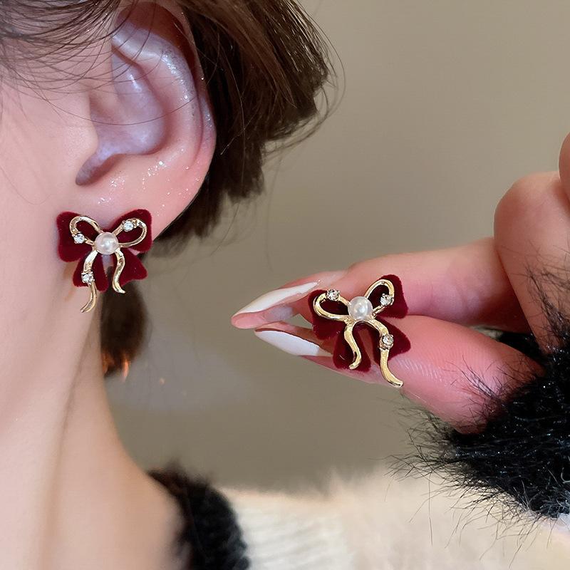 Retro Hong Kong Style Red Flocking Geometric Round Earrings Earrings Fashion Personality Temperament Earrings Women