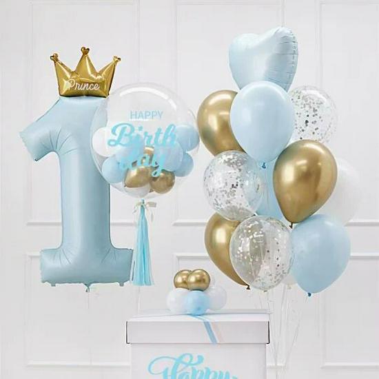 1st Birthday Blue Crown & Balloon Set for Boys or Pink Number Party Decor for Girls