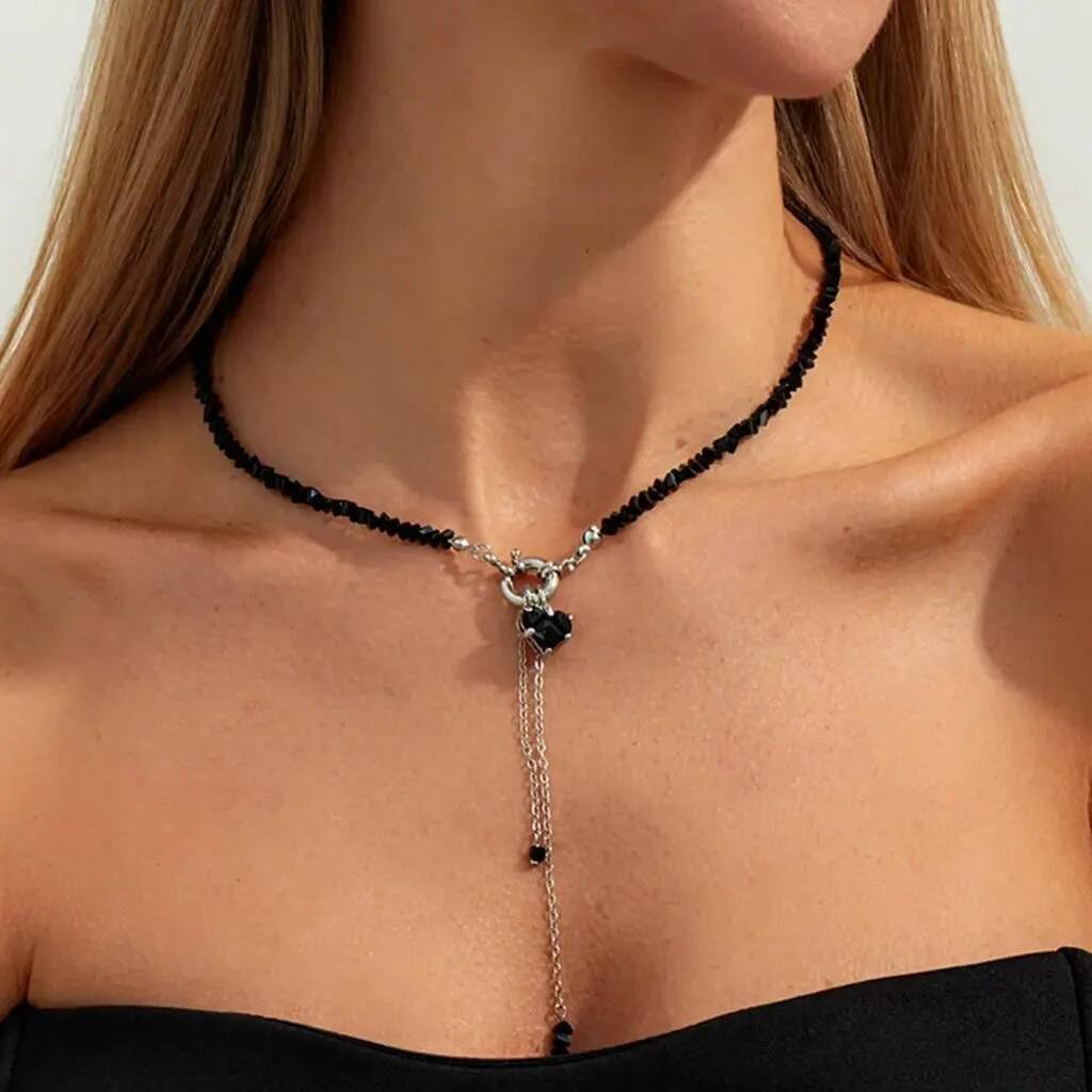 Salircon Vintage Black Heart Crystal Pendant Necklace Women Luxury Irregular Geometric Tassel Chain Choker Trendy Jewelry Gifts
