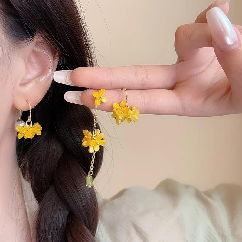 Women S French Vintage Osmanthus Tassel Pearl Earrings Sweet Elegant Ear Jewelry