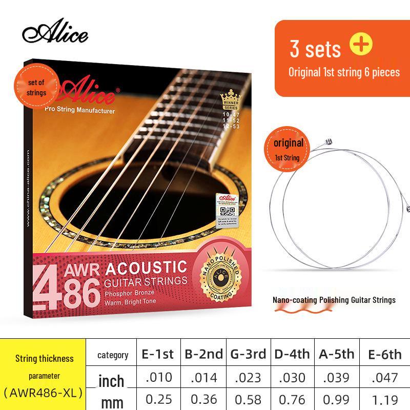 Corde per Chitarra Acustica Alice Folk - Set Completo da 6 (Corde 1ª, 2ª, 3ª come Singole)