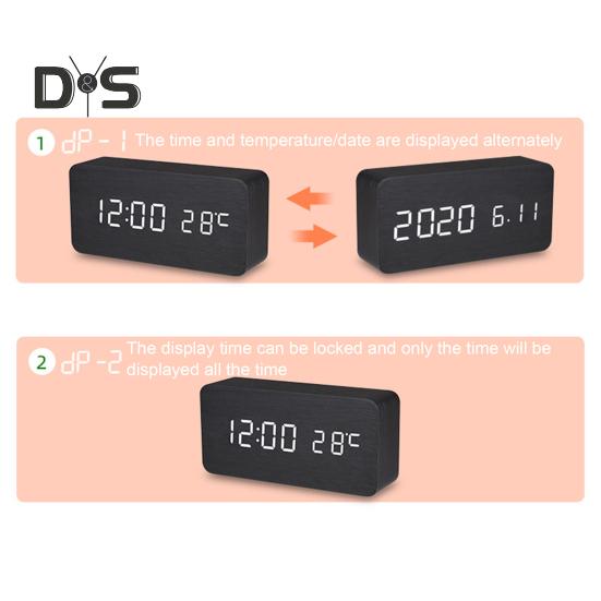 Dřevěný budík s velkým LED displejem Snadno čitelný Stmívatelný Odložení Digitální budík s ukazatelem teploty