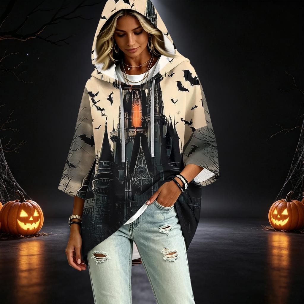 Women's Fashionable Three-Quarter-Sleeve Halloween-Printed Hooded Pullover