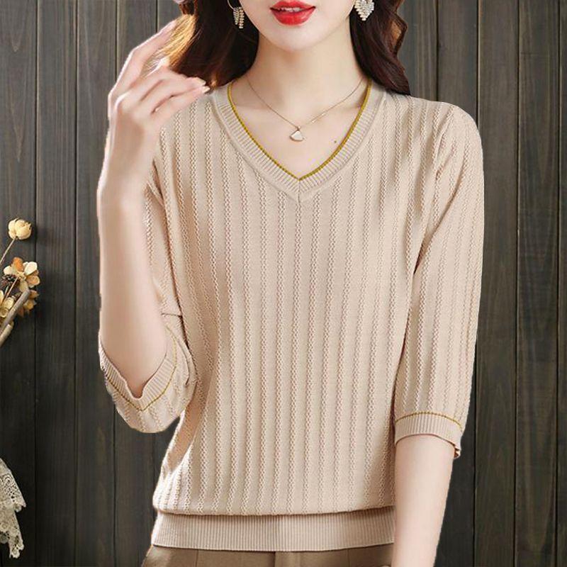 3/4 Sleeve Shirt Women Mid Sleeve Top Ice Silk Knit Thin Mom Spring Base Layer Blouse