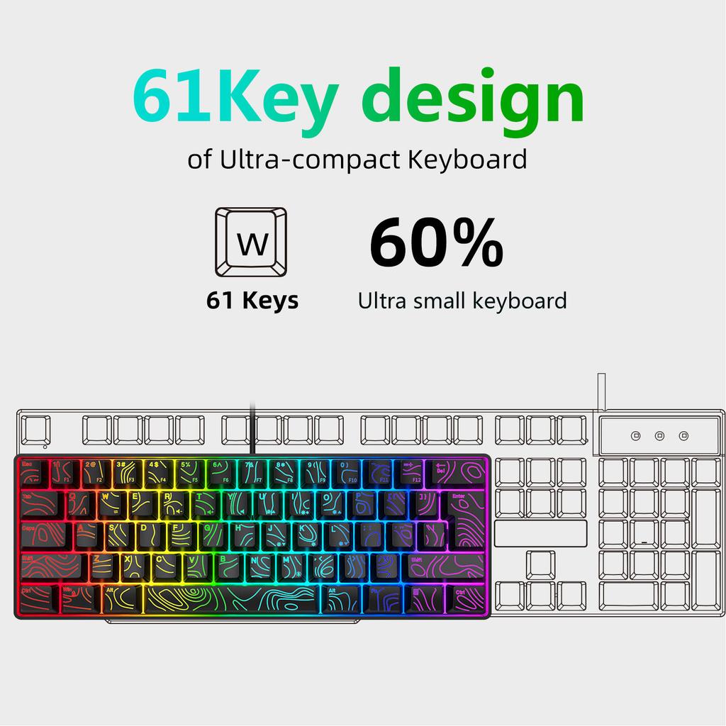 Wired Keyboard Ergonomic Design RGB Gaming Keyboard 61 Keys 60% PC Mechanical Keyboard RGB Backlit USB Interface Type
