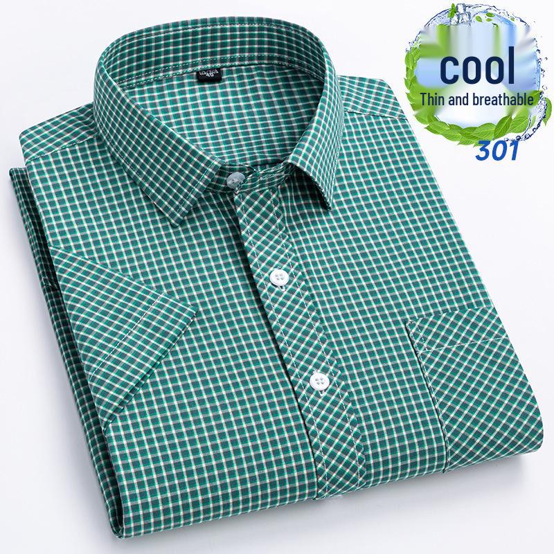 Men's Summer Plaid Cotton Short Sleeve Shirt - Breathable & Sweat-Absorbing