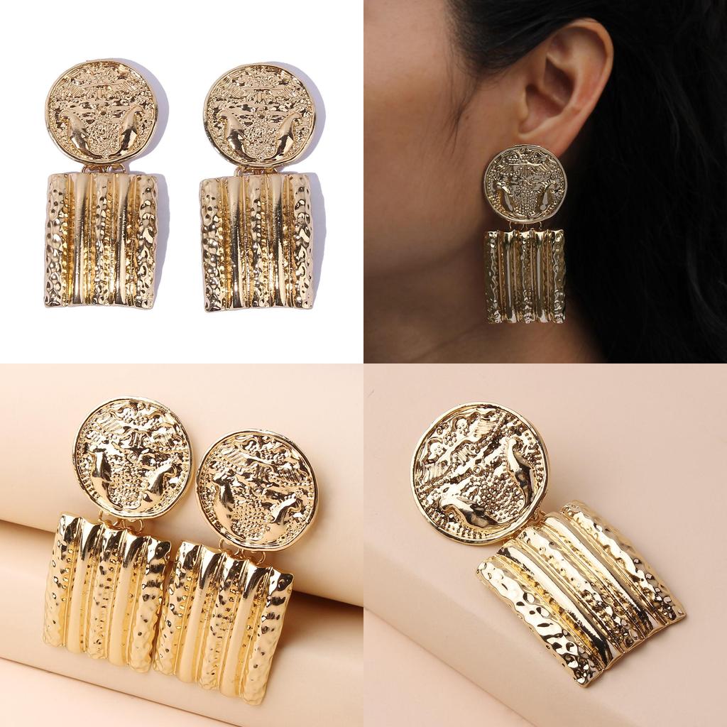 Contemporary Geometric Gold Metal Earrings With Relief Design For Celebration Gifts