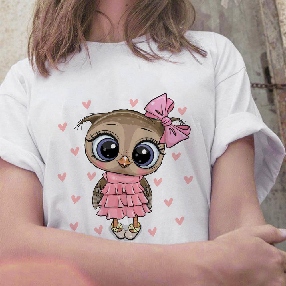 Summer 2025 New Tops Trend Cute Owl Print Ladies T-Shirt Casual Basics Round Neck White Short Sleeve Ladies Tshirt