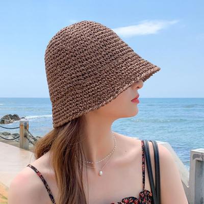 Women Sun Hat Solid Color UV Resistant Fisherman Hat Breathable Braided Foldable Straw Hat Outdoor Sun Shading Cap