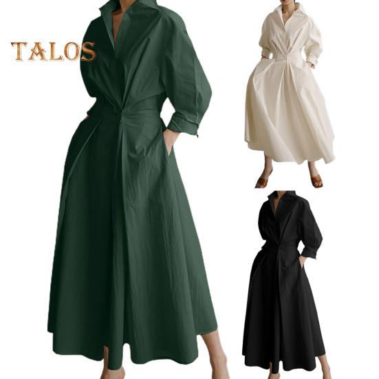 Dámské šaty s dlouhým rukávem na knoflíky, ležérní áčkové midi šaty, volného střihu, s klopovým límcem, dlouhé šaty do kanceláře, na večírky a na pláž