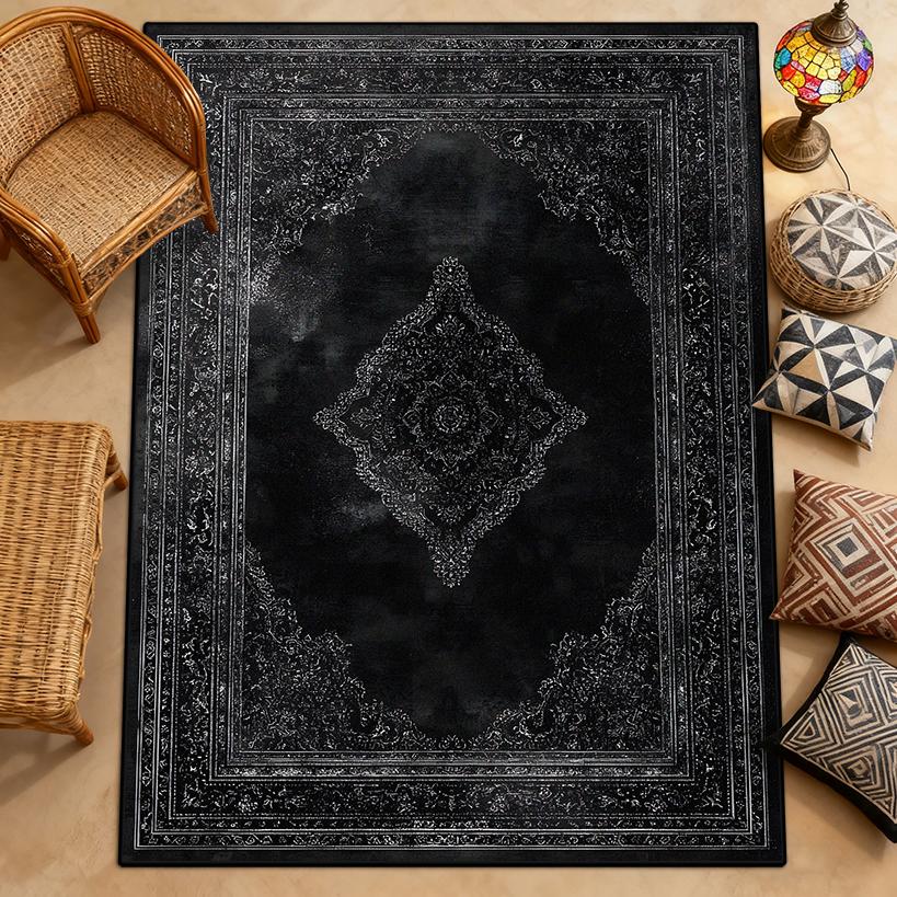 Alfombra Persa Oscura Retro Antideslizante para Sala de Estar Decoración del Hogar Alfombra de Lujo Mullida Fácil de Limpiar Terciopelo Corto Felpudo de Suelo para Mesita de Noche