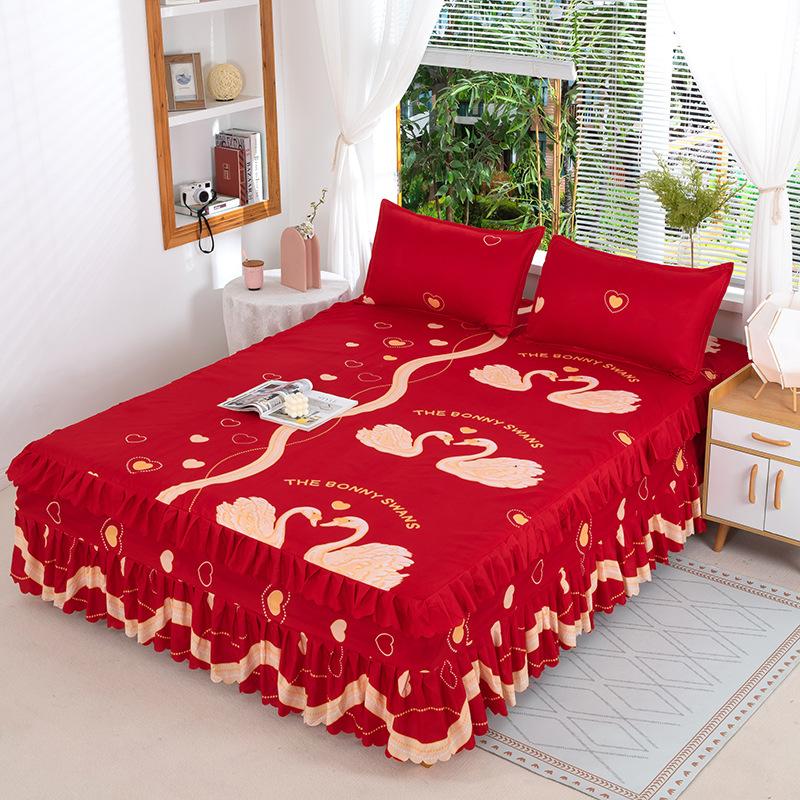 Korean Style Bed Skirt and Bed Cover Single Piece Princess Style Bed Skirt Bed Cover Bed Sheet Does Not Pill or Shrink Simple Double 1.8 Meters
