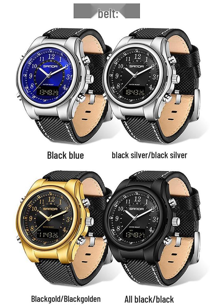Sanda Men's Multi-Functional Watch: Dual Display, Luminous, Waterproof, Steel & Leather Straps, Casual & Business Style