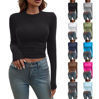 Women's Fashion Solid Colour Round Neck Long Sleeve T-Shirt Top