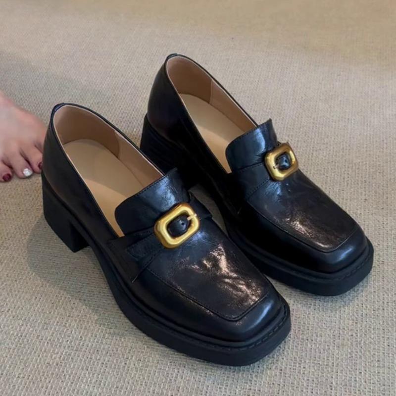 

Женская модная обувь на толстом каблуке, осенняя новинка, квадратный носок, средний вырез, металлическая пряжка, мягкая подошва, нескользящая, низкий верх 40 чёрный