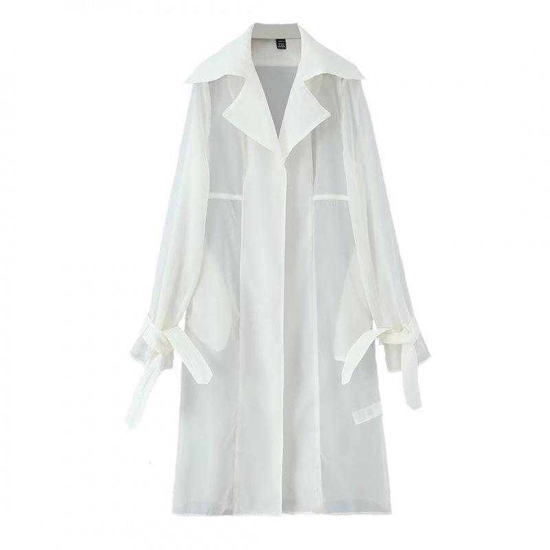 2026 Spring European & American Style Sheer Large Lapel Buttonless Shirt Trench Coat with Sun Protection Small белый