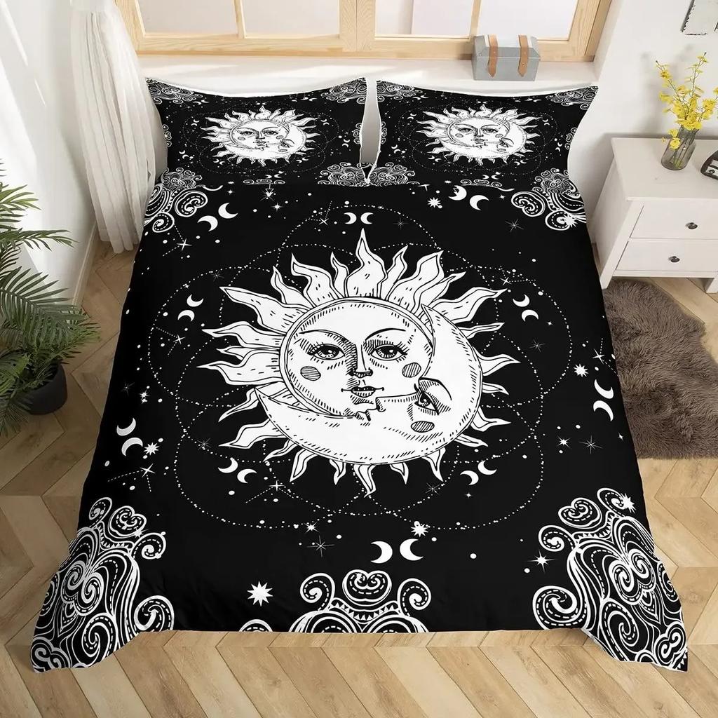 Comforter Mandala Sun And Moon Comforter Ties Exotic Style Black And White Botanical Floral Polyester Bedding Set