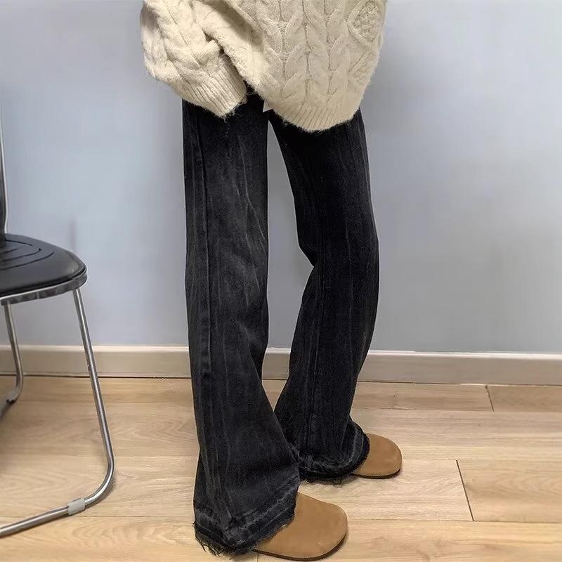 Black-Gray Women's High-Waisted Micro-Flared Jeans, Autumn 2024 - Slimming Fit Horseshoe Pants for Plus Size.