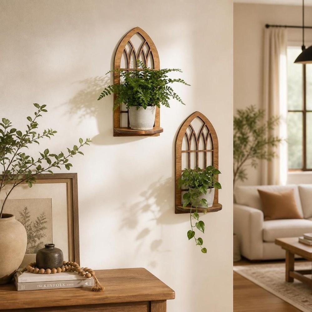 Hanging Floating Wall Mounted Wooden Shelf Hollow Out Leaf Shape Wall Display Stand Geometric Window Shape Wall Storage Rack