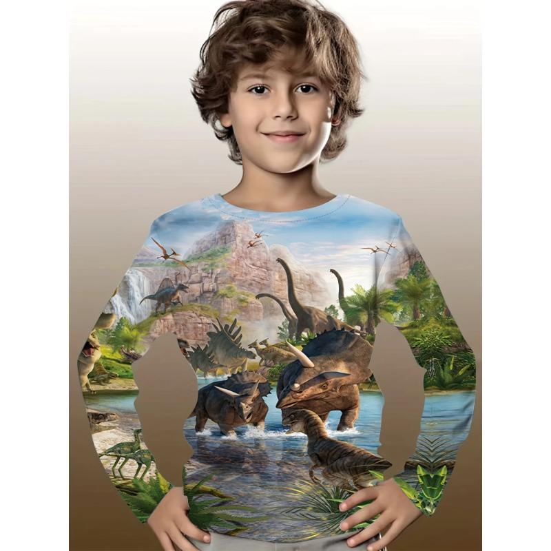 Vêtements pour enfants T-shirt garçon Manches longues Imprimé dinosaure dessin animé 3D Haut