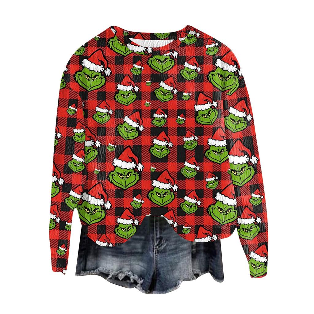 Women's Fashion Round Neck Pullover Top Long Sleeve Tee Christmas Printed Sweatshirt