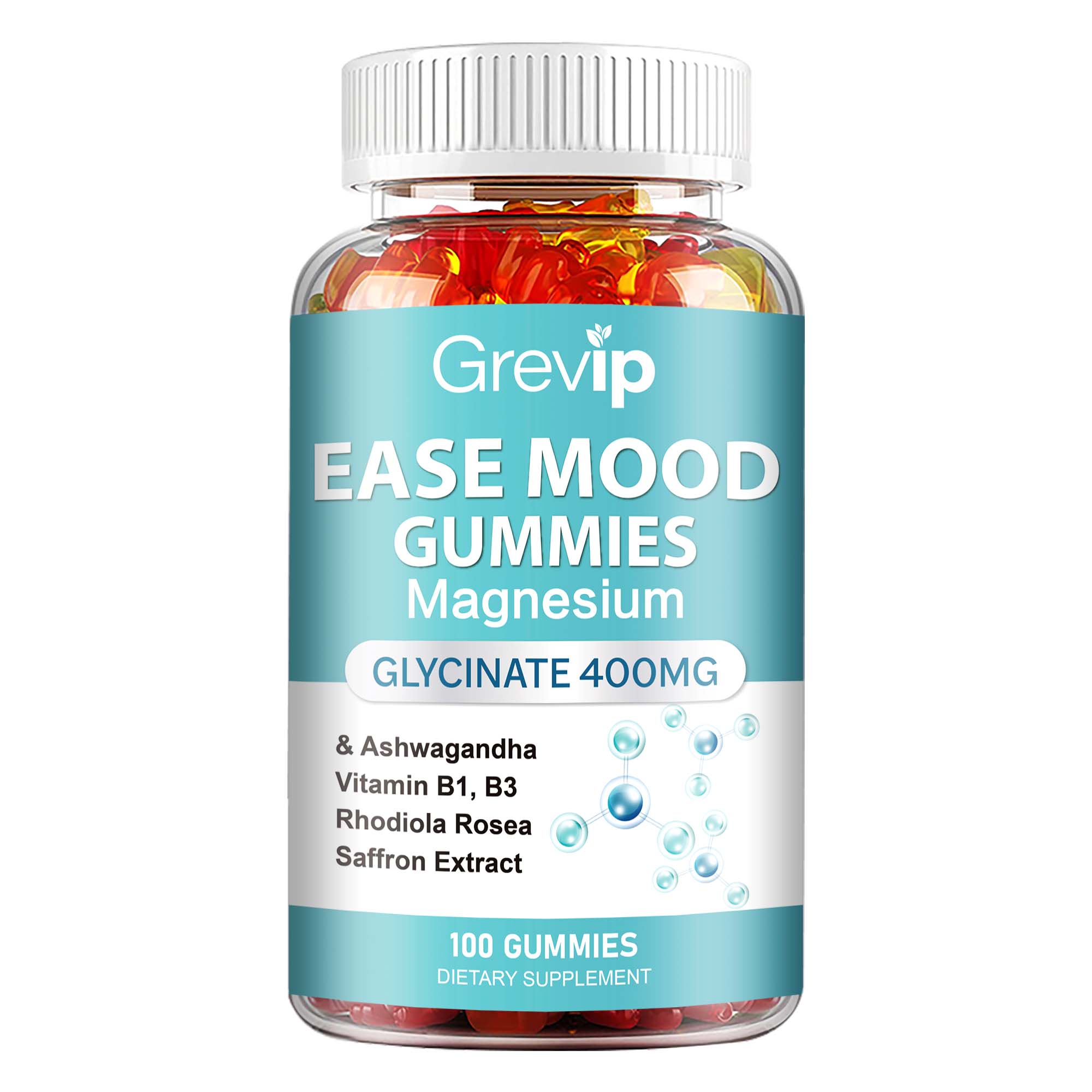 

Magnesium glycine gummies, 400 mg per serving, contain Ashwagandha, Vitamin B1, Vitamin B3, improve mood, and soothe the mind and body. 100