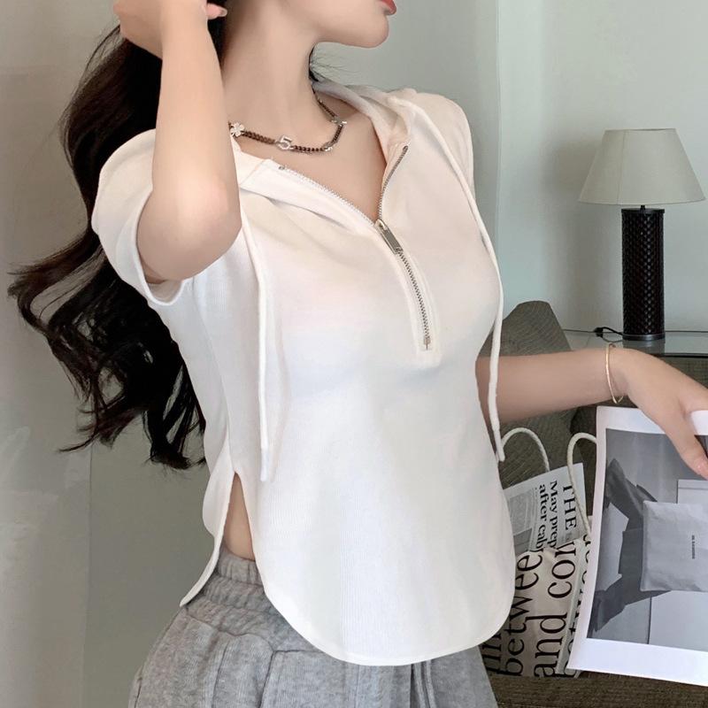 

Новый летний шикарный и модный худи на молнии однотонный для горячих девушек короткий с высокой талией футболка топ с коротким рукавом из чистого хлопка S белый