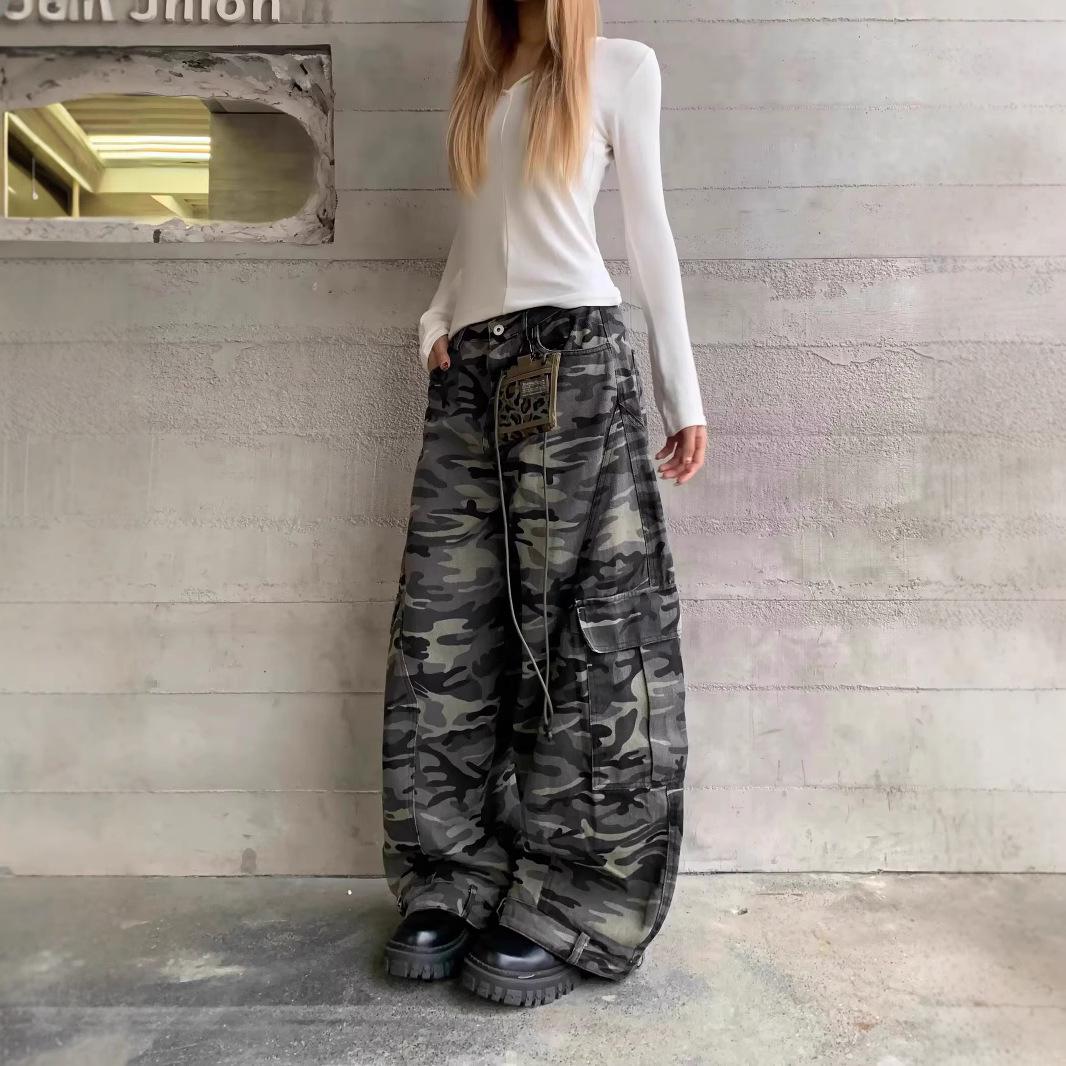 

Unisex Retro Camouflage Wide-Leg Workwear Jeans with Multi Pockets S