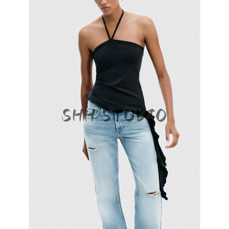 Summer New Product Women's Clothes Hanging Collar off-the-Shoulder Bow Shoelace Laminated Decoration Texture Tops 3641810