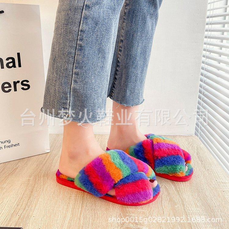 

Тапочки с перекрещенными ремешками женские осенне-зимние новые красочные на плоской подошве простые теплые и удобные плюшевые тапочки домашние тапочки для пола 36-37 красный