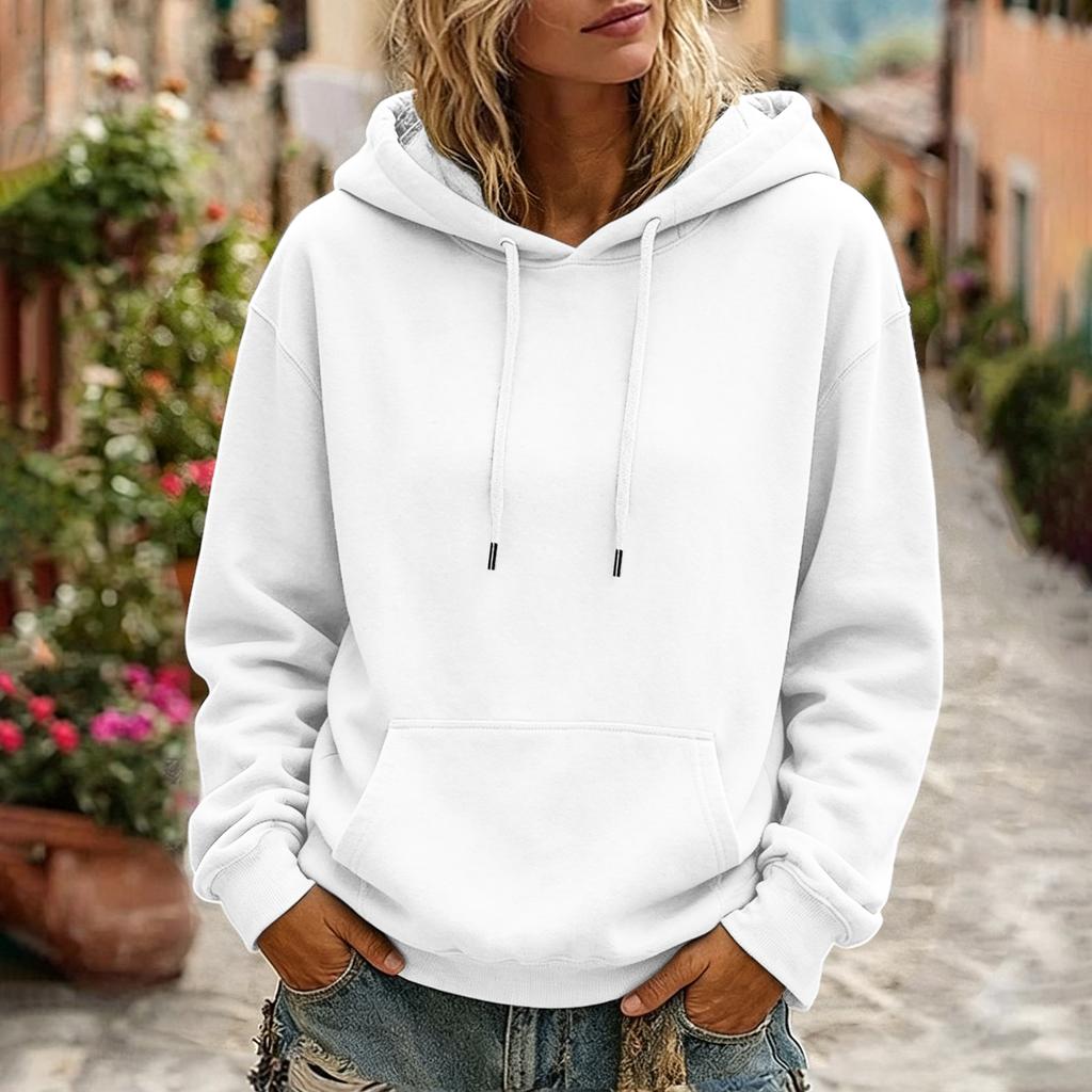 Women's Color Long Sleeve Hoodie with Drawstring Hood and Pocket Casual Pullover