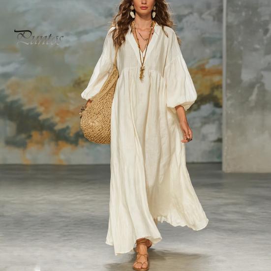 Mid-length Dress Women's Deep V Neck Maxi Dress, Puff 3/4 Sleeve Party Casual A-Line Flowy Loose Boho Beach Sundress Soft Fabric