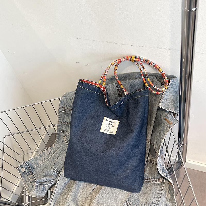 Retro Karomuster Denim Doppelseitige Schultertaschen für Damen Pendler Damen Perlenhandtaschen Tote Lässig Vielseitig Damen Unterarmtasche