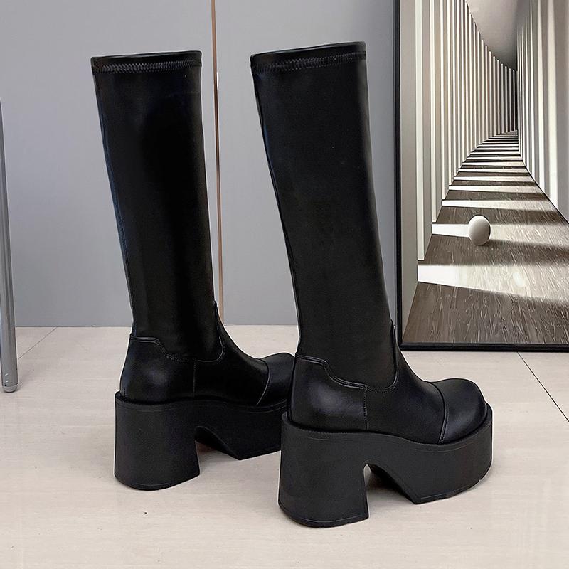 Mode 10CM Absatz Herbst Winter Mode Runde Zehe Plateau Damen High Boots Mode Punk Klobige Dicke Hohe Absätze Lange Stiefeletten