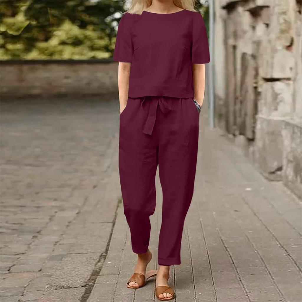 Women's Cotton-Linen Summer Set: Half-Sleeve O-Neck Cardigan & Wide-Leg Pants Retro Two-Piece