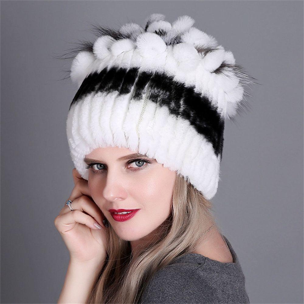 Warm Russia Women Real Fur Beanies Hat Rabbit Fur Cap Elastic Knitted Real Rex Rabbit Fur Hats 04