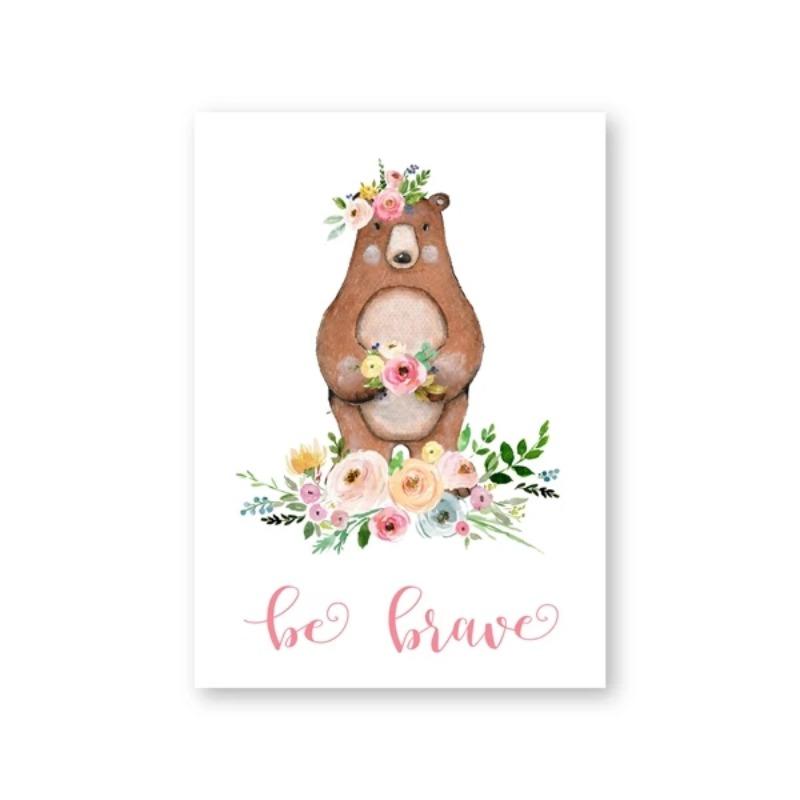 Watercolor Woodland Animal with Flowers Art Poster Prints Canvas Painting Kids Girls Room Bedroom Office Home Wall Decoration