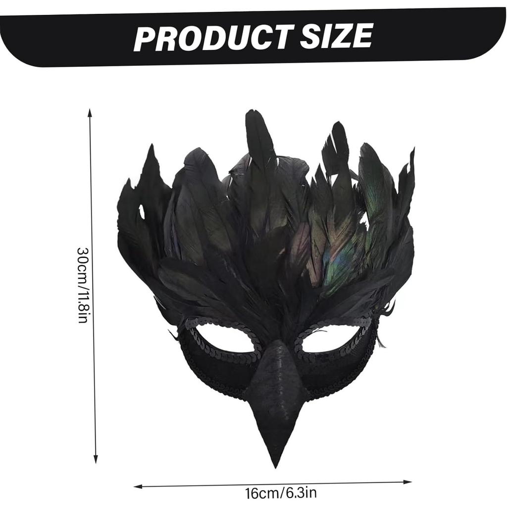 Krähe Halbmaske, Realistische Gefiederte Raben Maskerade Cosplay Zubehör für Halloween Mardi Gras/ 6,3x11,8 Zoll