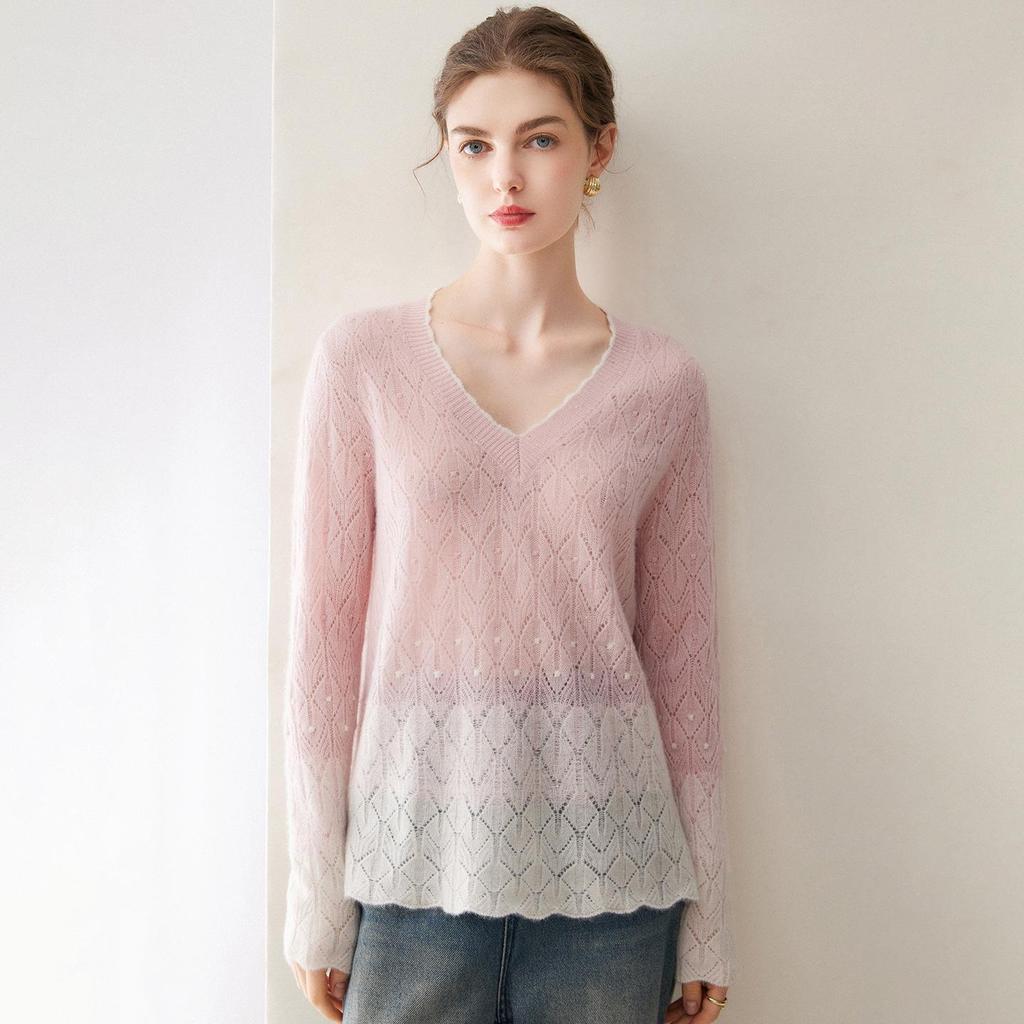 Kang Sai Ni 2026 Lurex Sequin Cashmere Lace Sweater - Autumn/Winter 7-Gauge Hollow Out Color Block Knitwear