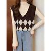 Women's Diamond Pattern V-Neck Knit Vest - Casual Loose Slimming Top for Spring and Autumn