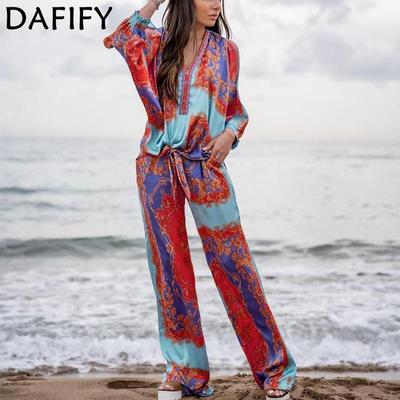 Women's Fashion Casual Summer Spring Bohemia Print Long Sleeve V-Neck Trousers Pants Suits