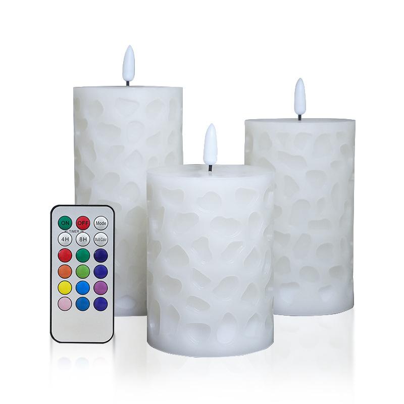 3-Pack Flameless LED Paraffin Wax Candles Battery Operated Remote Timer Emboss Window Light DIY Outdoor Indoor atmosphere Lamp