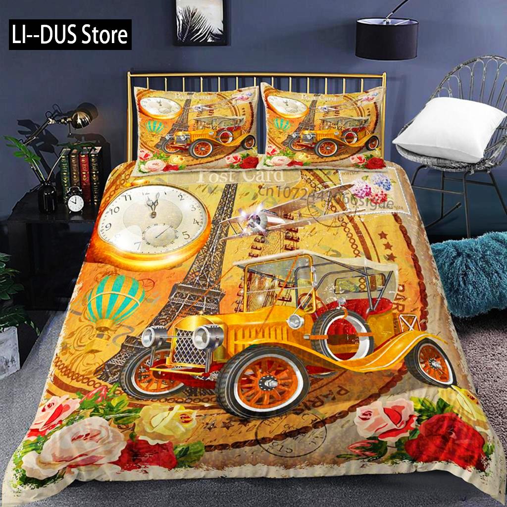 Eiffel Tower Duvet Cover Set Microfiber Paris France Comforter Cover Love Letters French Theme Retro Bedding Set Romantic Gifts